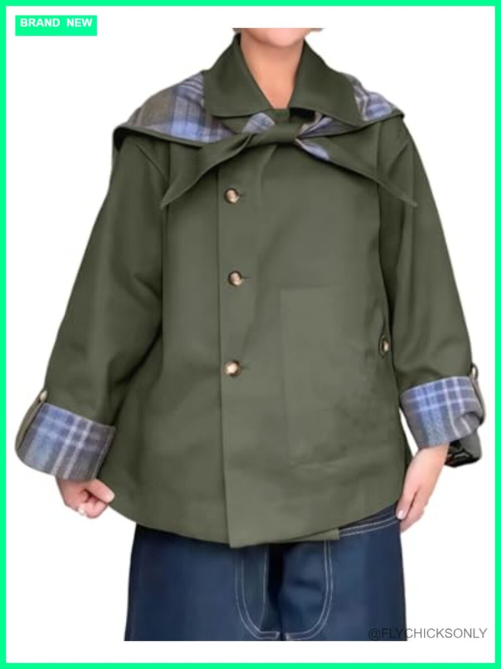 CHARTOU Women's Cropped Trench Coat Notch Collar Plaid Oversized Jacket Pockets